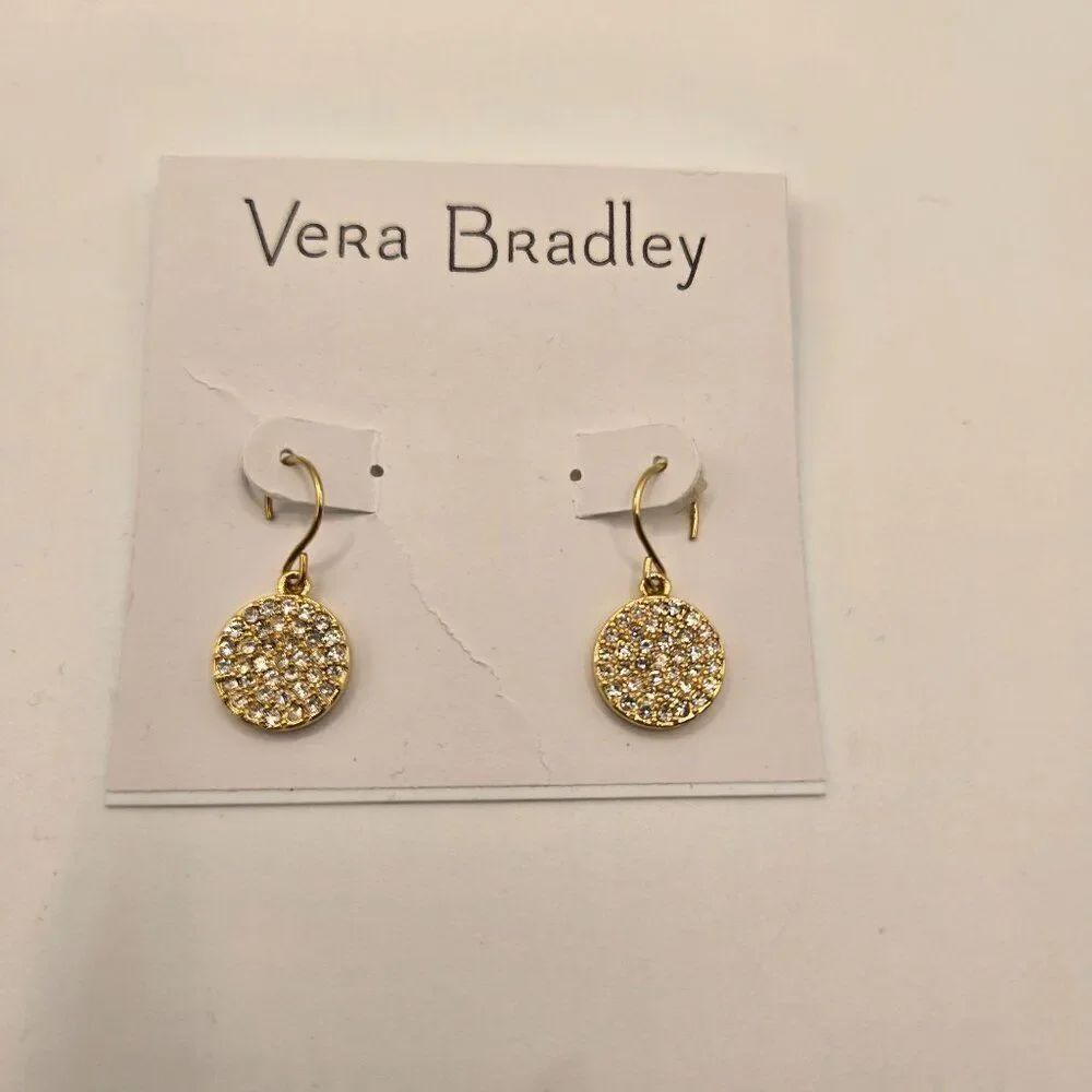 Vera Bradley Gold Tone Pave Disc Drop Earrings Clear Crystals